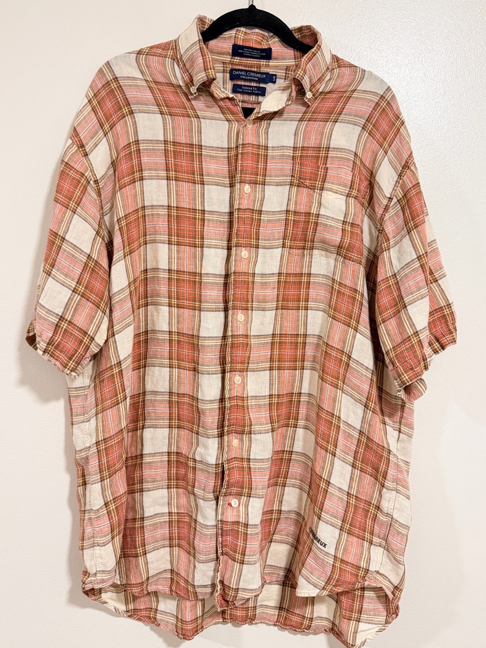 Daniel Cremieux Mens Large 100% Linen Button Front Camp Top Plaid Summer Casual